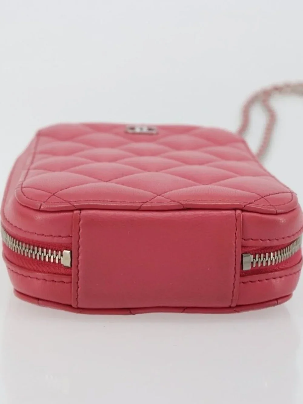 CHANEL Phone Pouch Lamb Skin Pink Silver CC Auth ka4502M